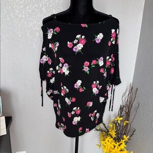 Express Black Floral Blouse with Pink and Purple Blooms